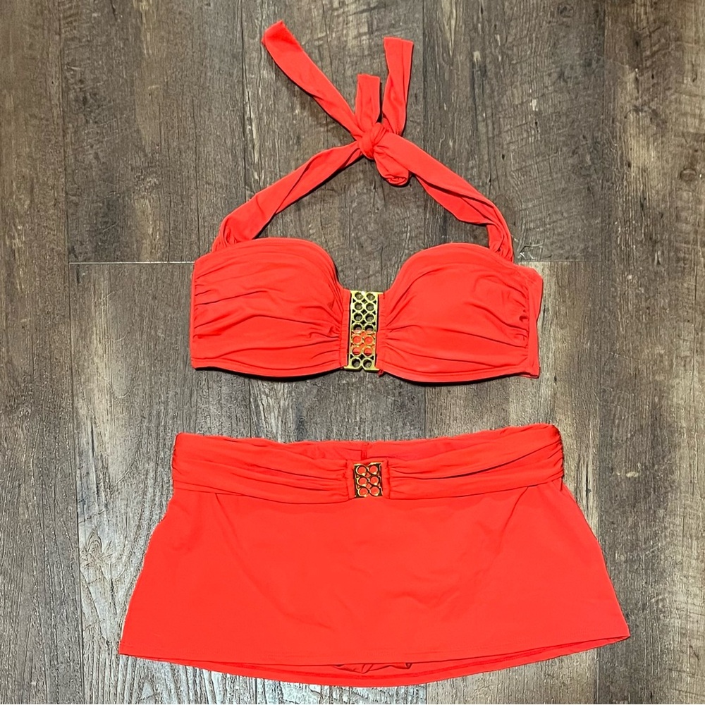 Bleu Rod Beattie Coral-Red Halter Bikini with Gold Accents